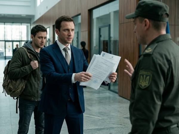 A man in a blue suit hands documents to a uniformed officer, while a backpack-wearing man waits in a modern hallway.