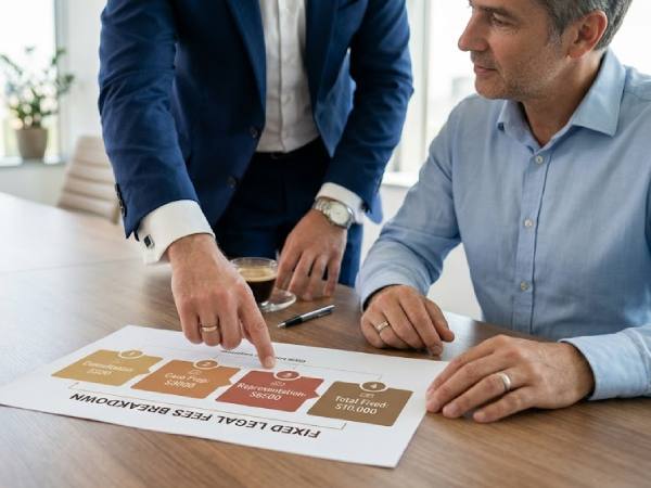Two men in business attire review a flowchart on a document at a wooden table, with one pointing at it with a pen.